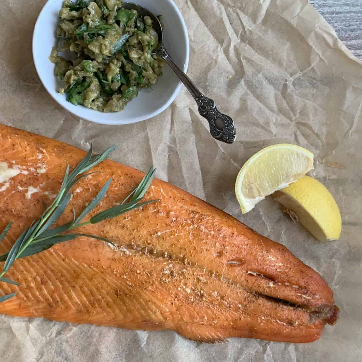 Overhead shot of a smoked salmon and olive tarragon tapenade.