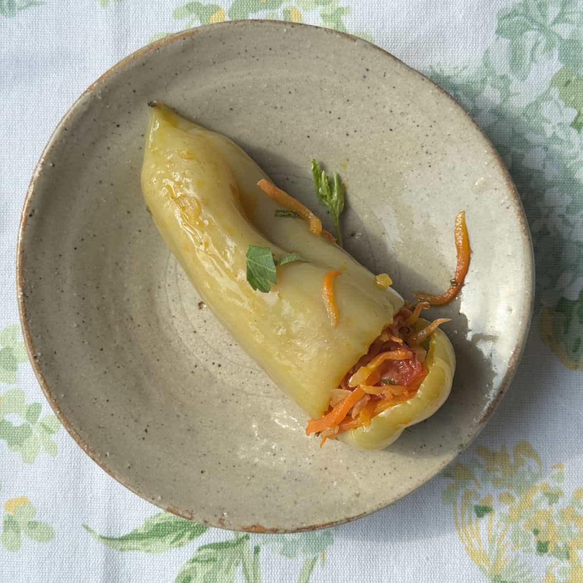 An overhead shot of a stuffed pepper.
