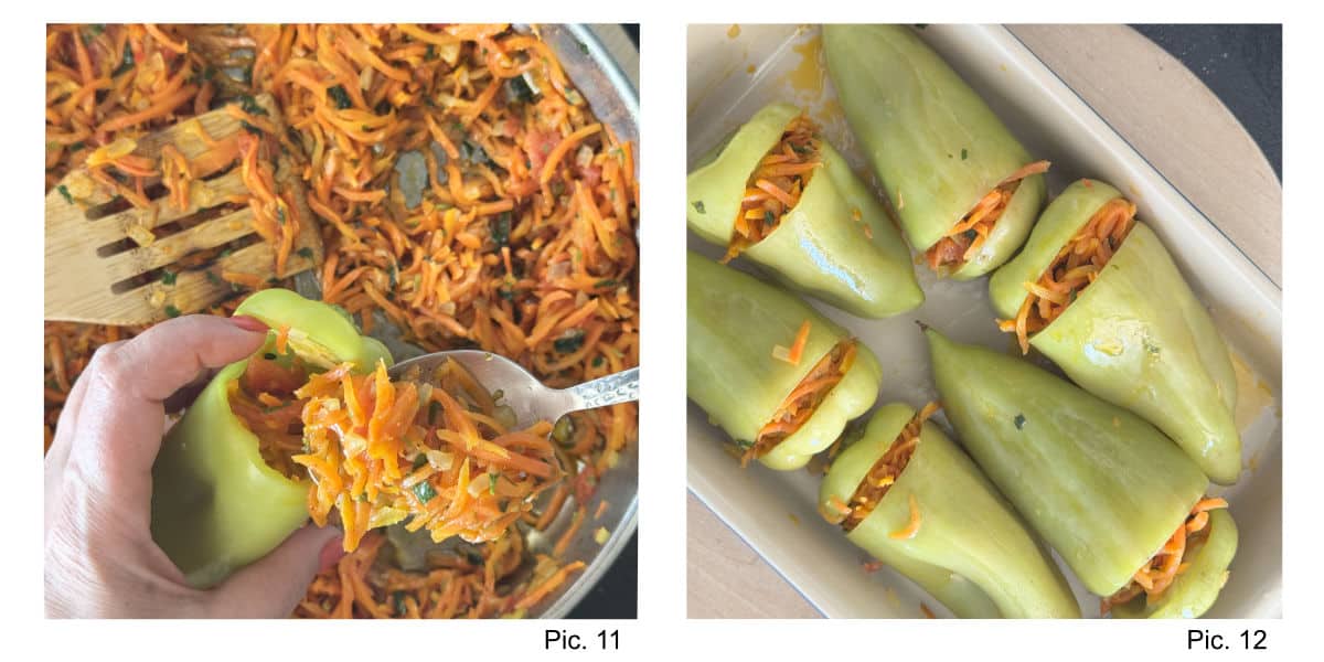 Stuffing the peppers with carrots and arranging them on a baking dish.