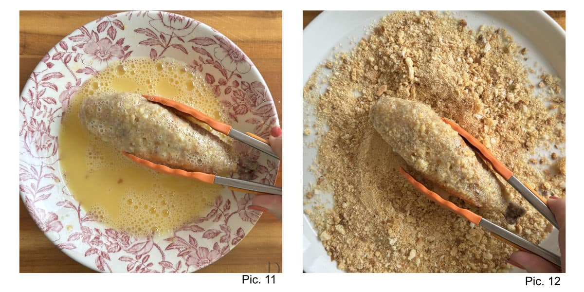 Coating the kotlets in a egg mixture and breading it.