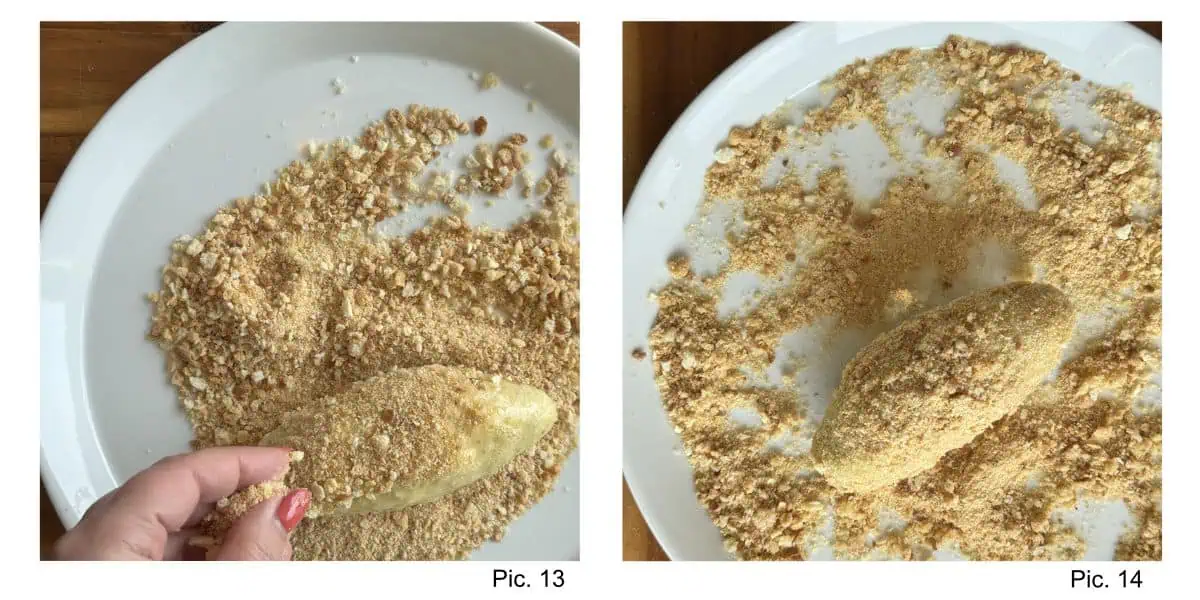 Close-up shots of the steps on how to coat the koftas with breadcrumbs.