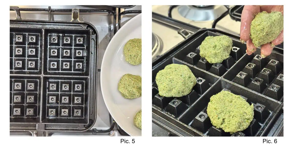 Step-by-step shots of making falafel waffles.