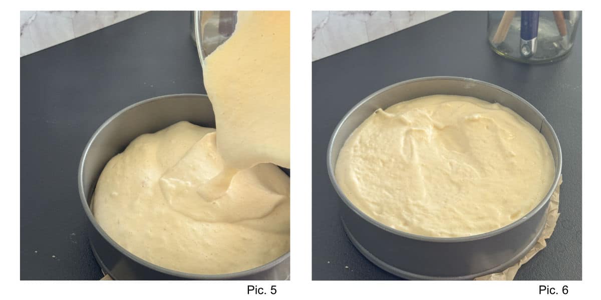 Filling the tins with sponge cake batter.