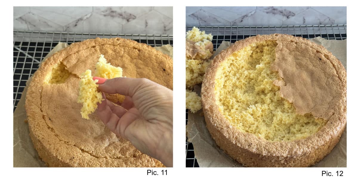 Carving the sponge cake.