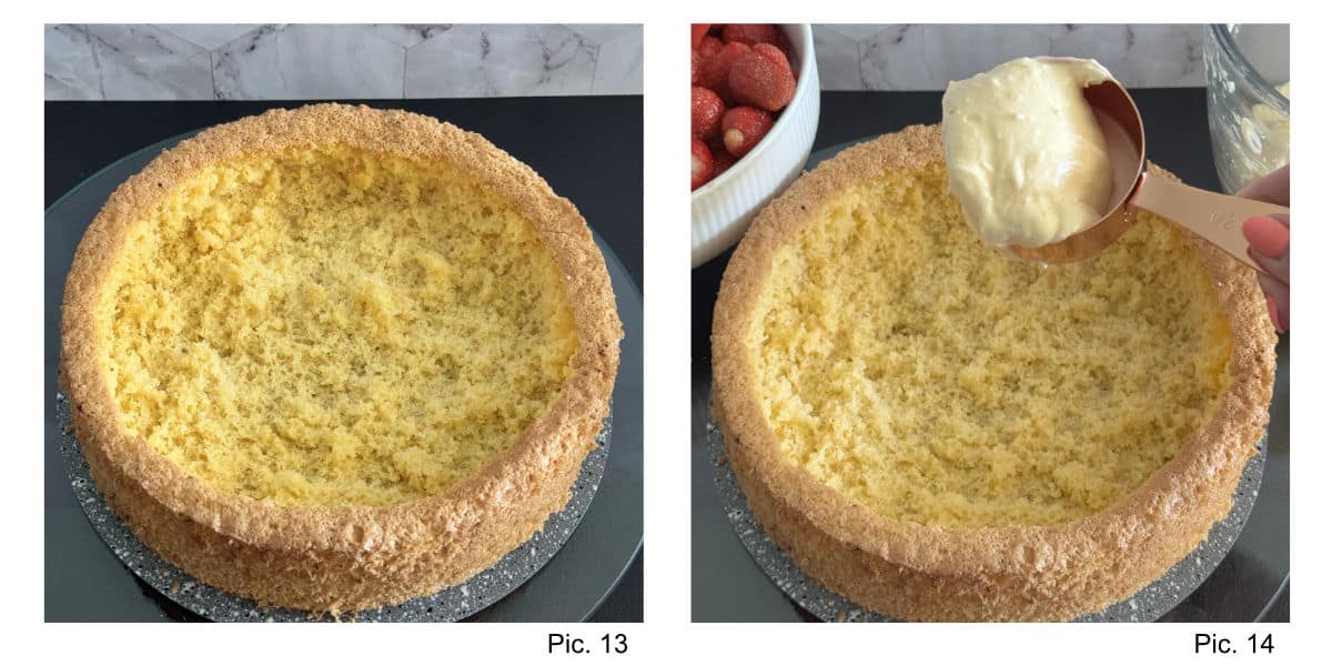 Assembling the strawberry cake.