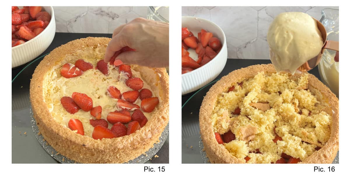 Assembling the strawberry cake.