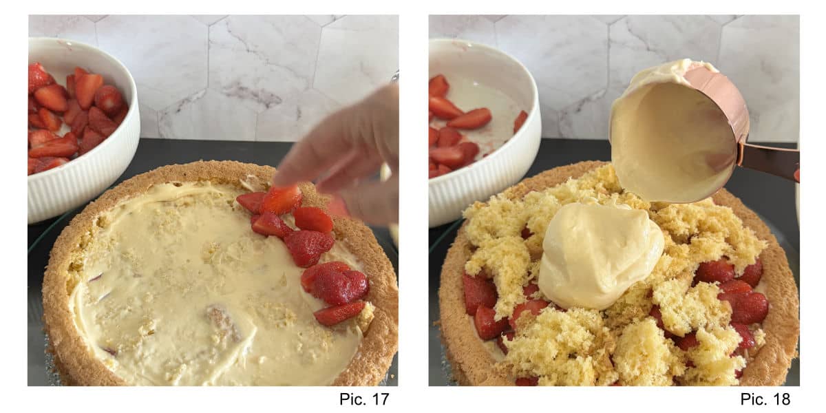 Assembling the strawberry cake.