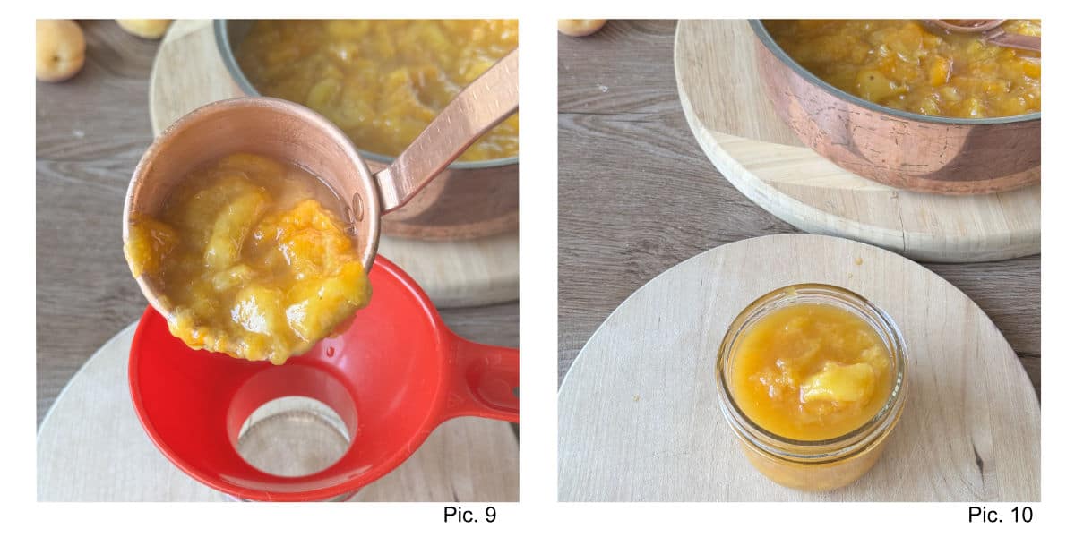 Process of filling the jars with apricot jam.