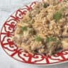 Farro pilaf with chicken from the side view.