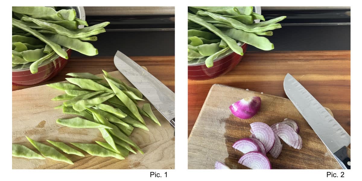Preparing green beans and onions.