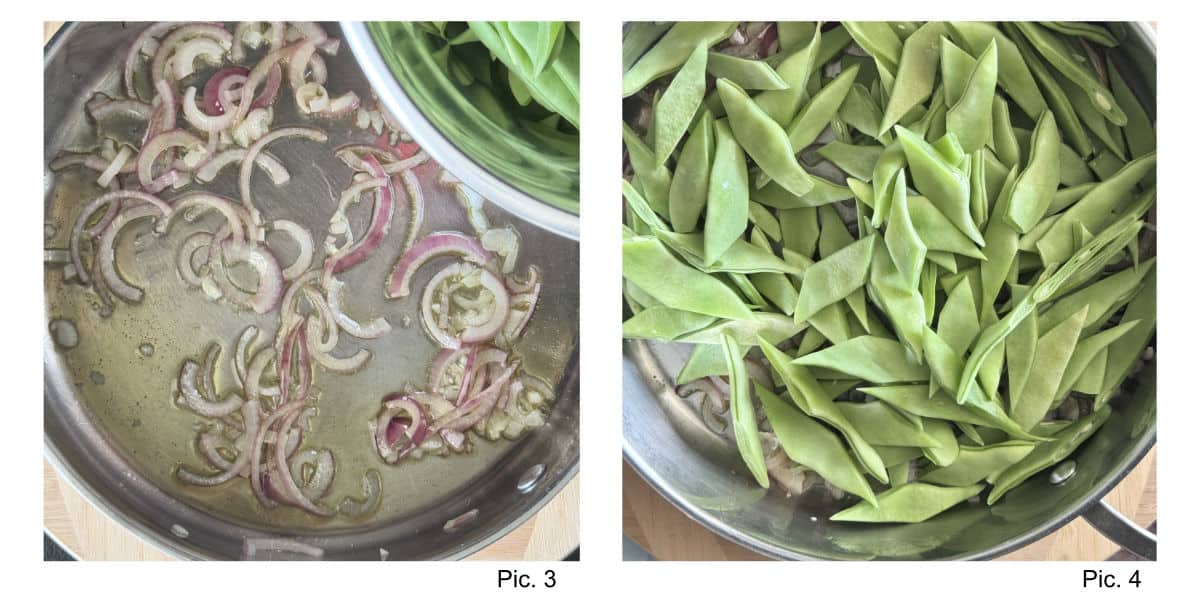 Process shots for green beans with tomatoes and garlic.