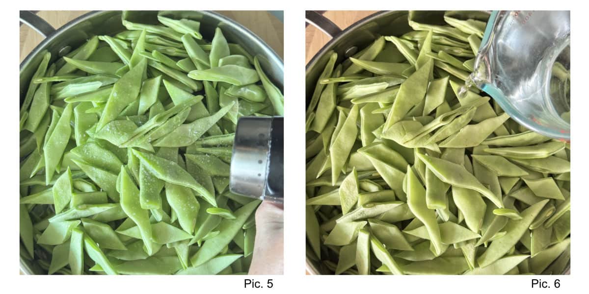 Seasoning the green beans and adding some water.