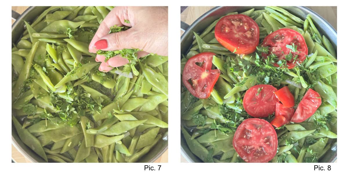 Adding herbs and tomatoes.