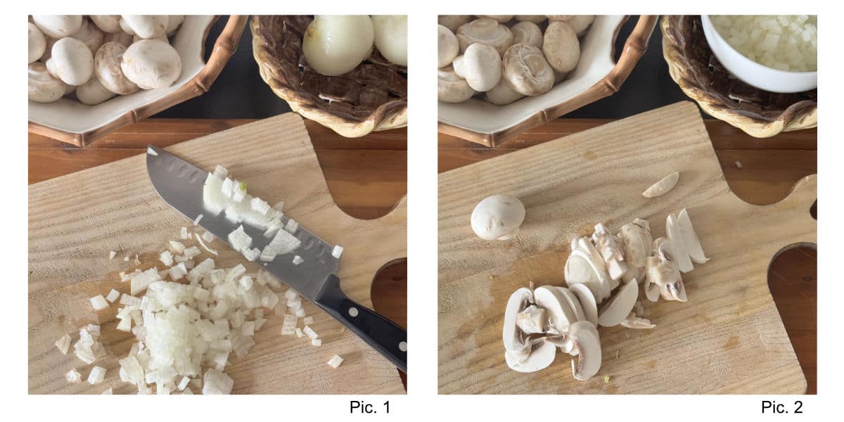 Process shot of making mushroom julienne -chopping vegetables.