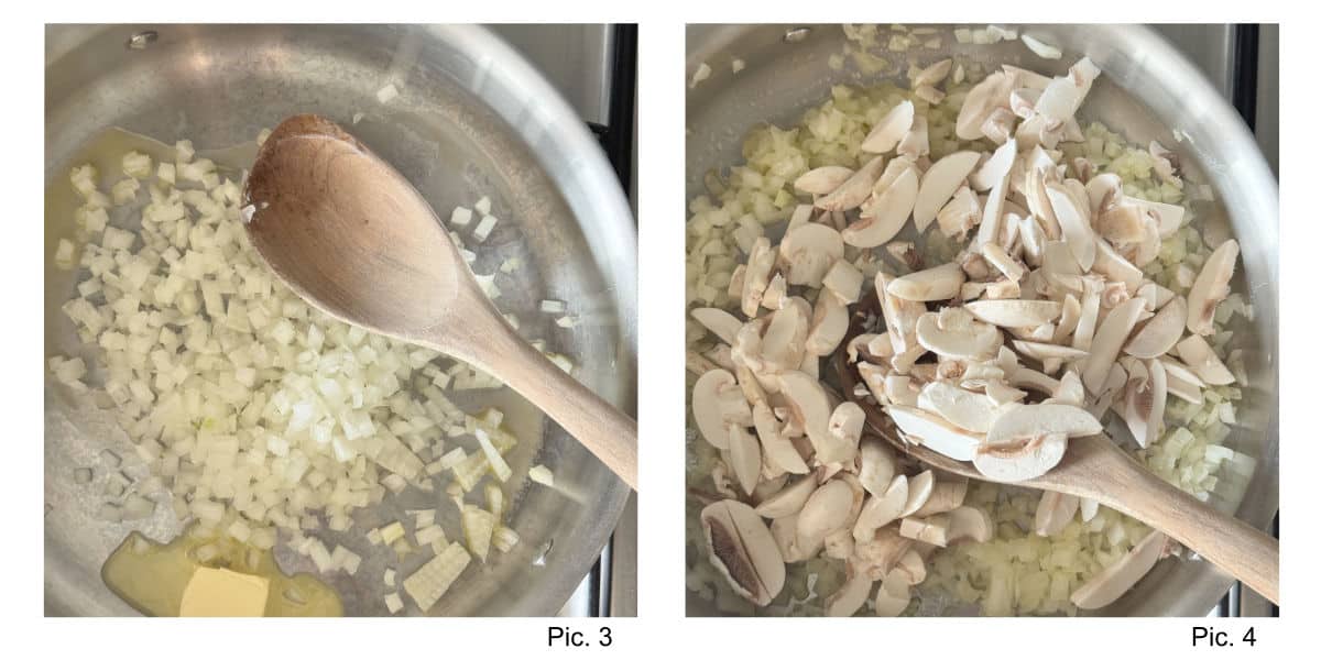 Process shot of making mushroom julienne.
