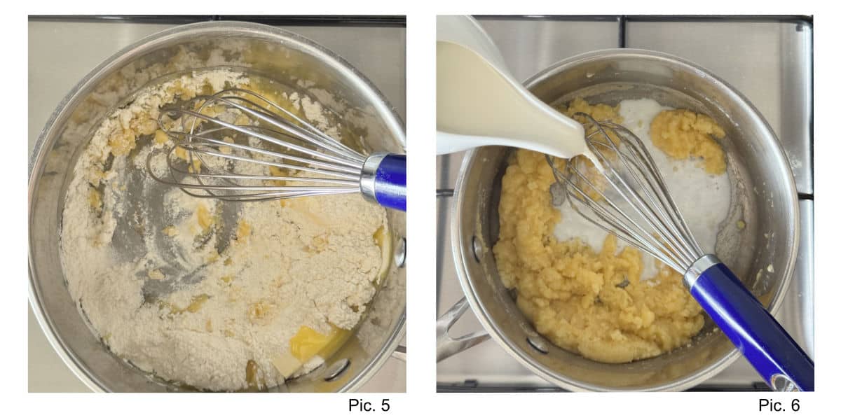Process shot of making béchamel sauce for mushroom julienne.