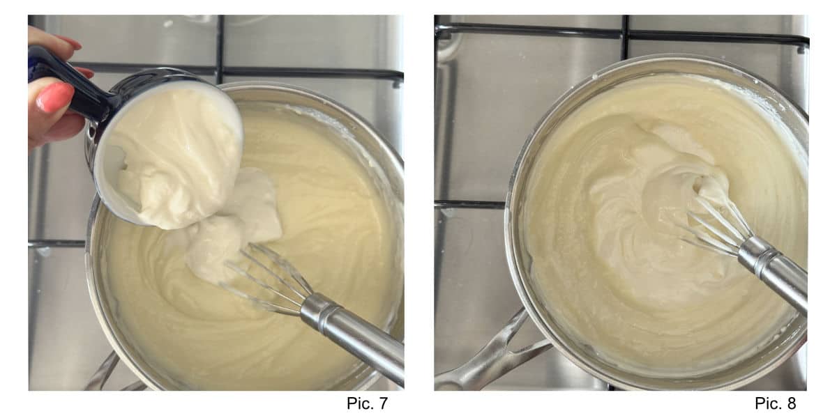 Process shot of making béchamel sauce for mushroom julienne.