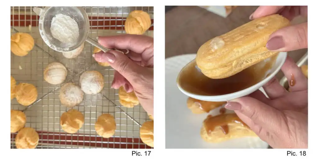 Dusting cream puffs with powdered sugar.