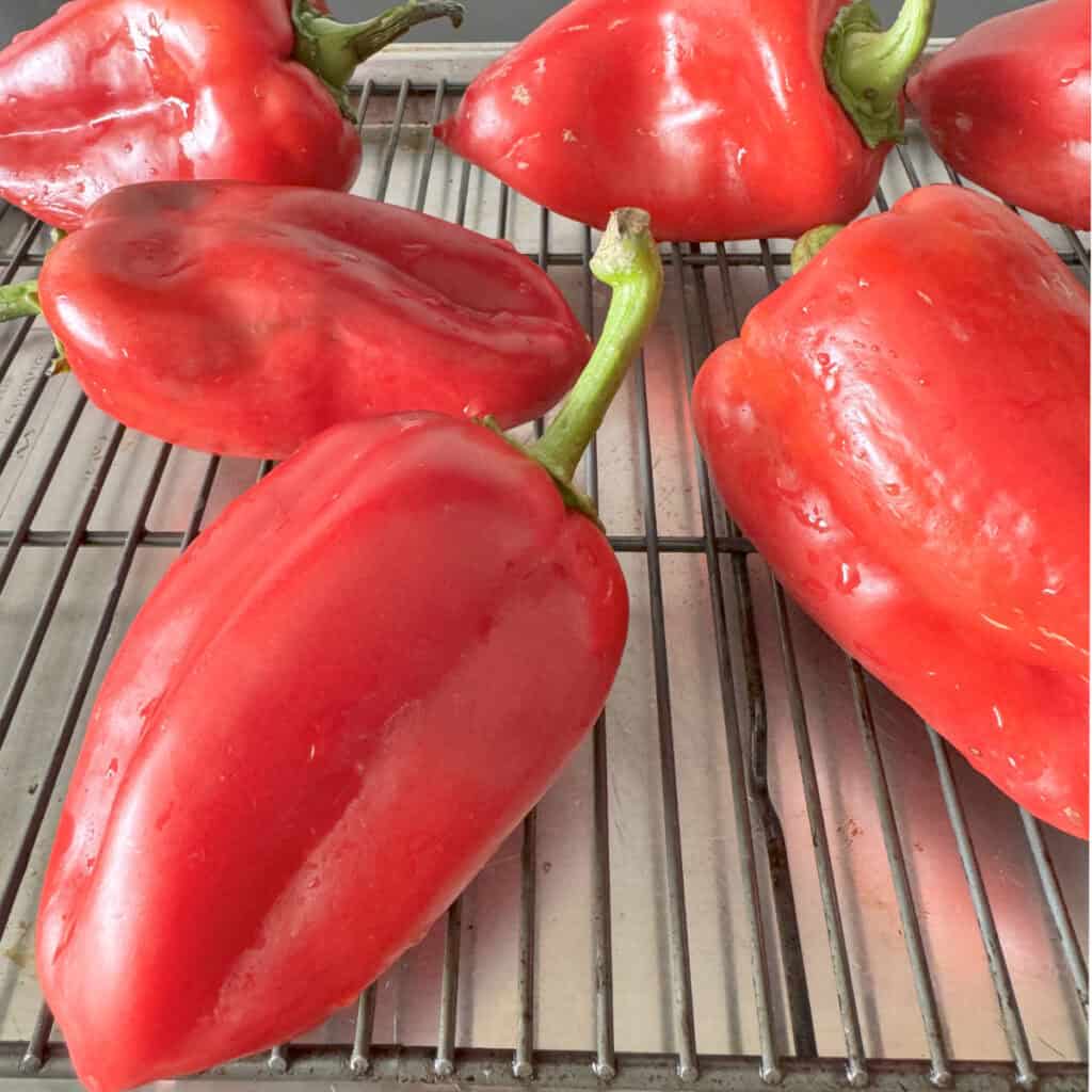 Red peppers on a roasting wire rack.