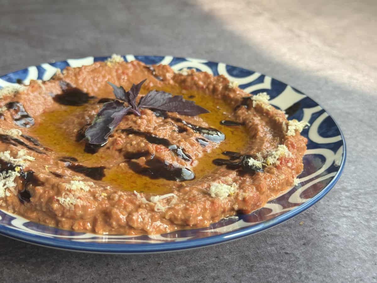 Side view of muhammara swooshed on a plate.