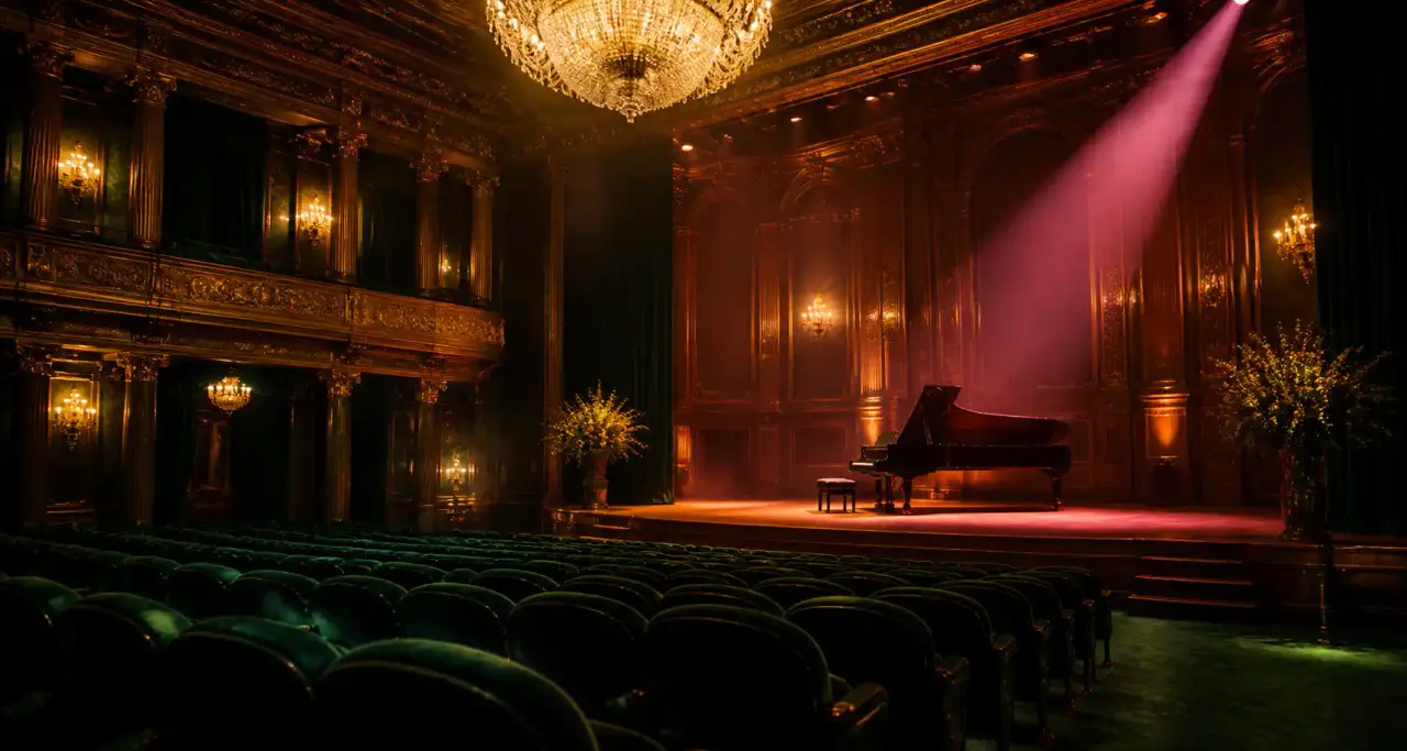 Grande salle de spectacle la nuit, velours vert et projecteurs dorés dirigés vers la scène