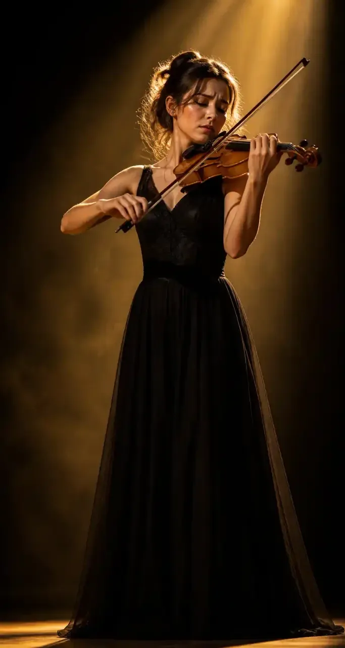 Violoniste sur scène sous une lumière dramatique