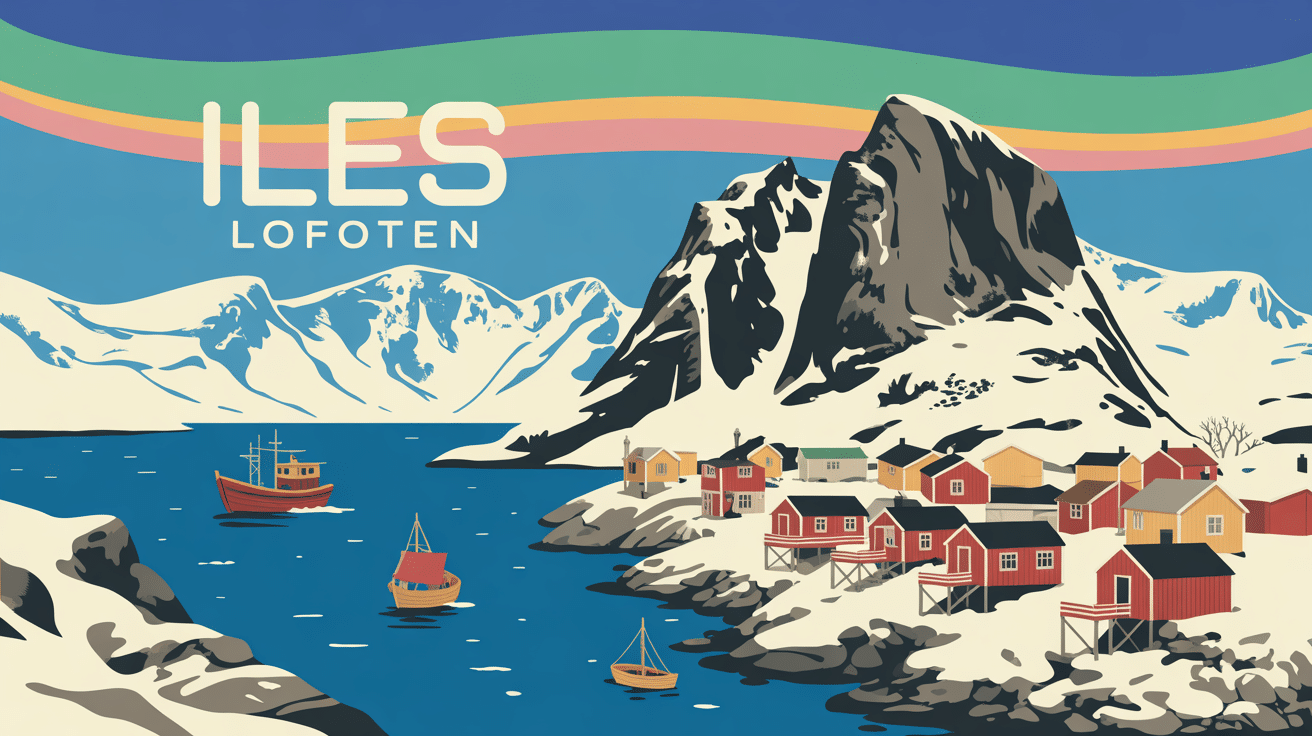 Archipel lofoten montagnes enneigées villages colorés aurore boréale