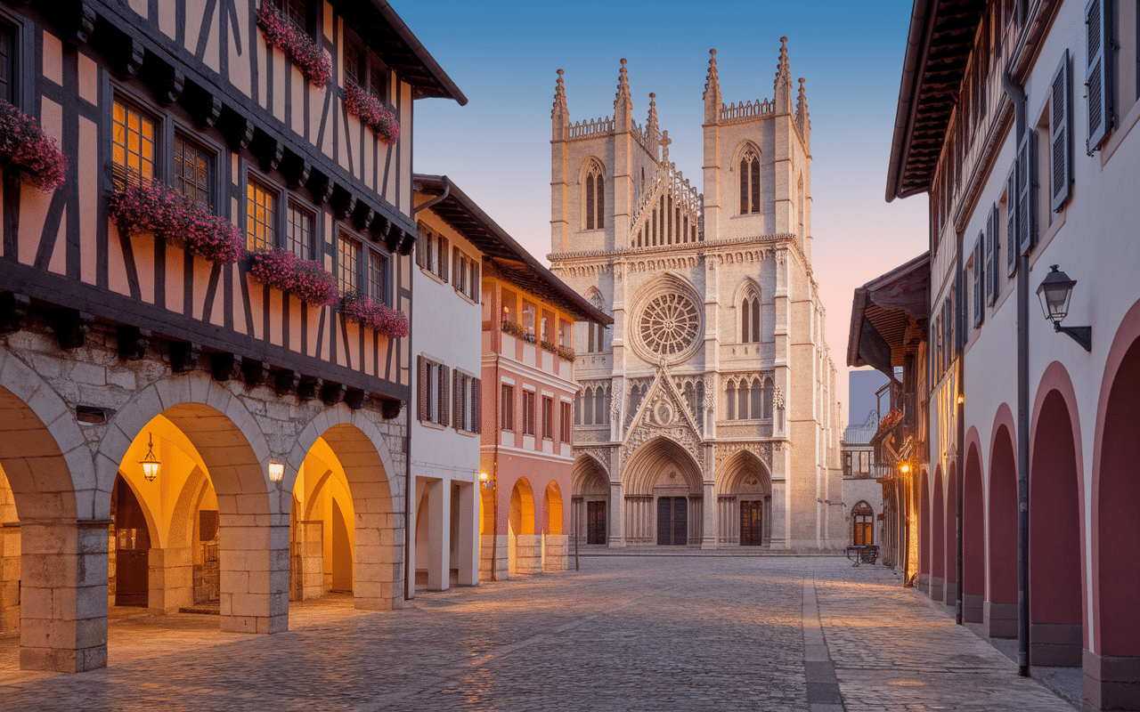 place medievale cathedrale gothique maisons colombages eauze