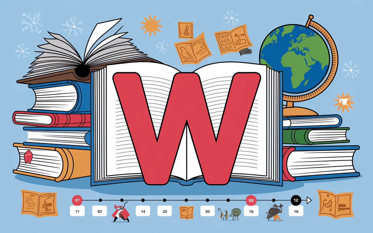 Lettre W avec livres et cartes pour pays en W