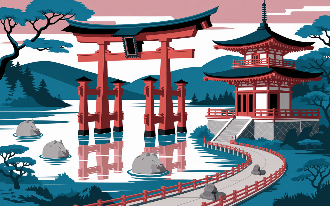 Miyajima torii cerfs temple sentier illustration