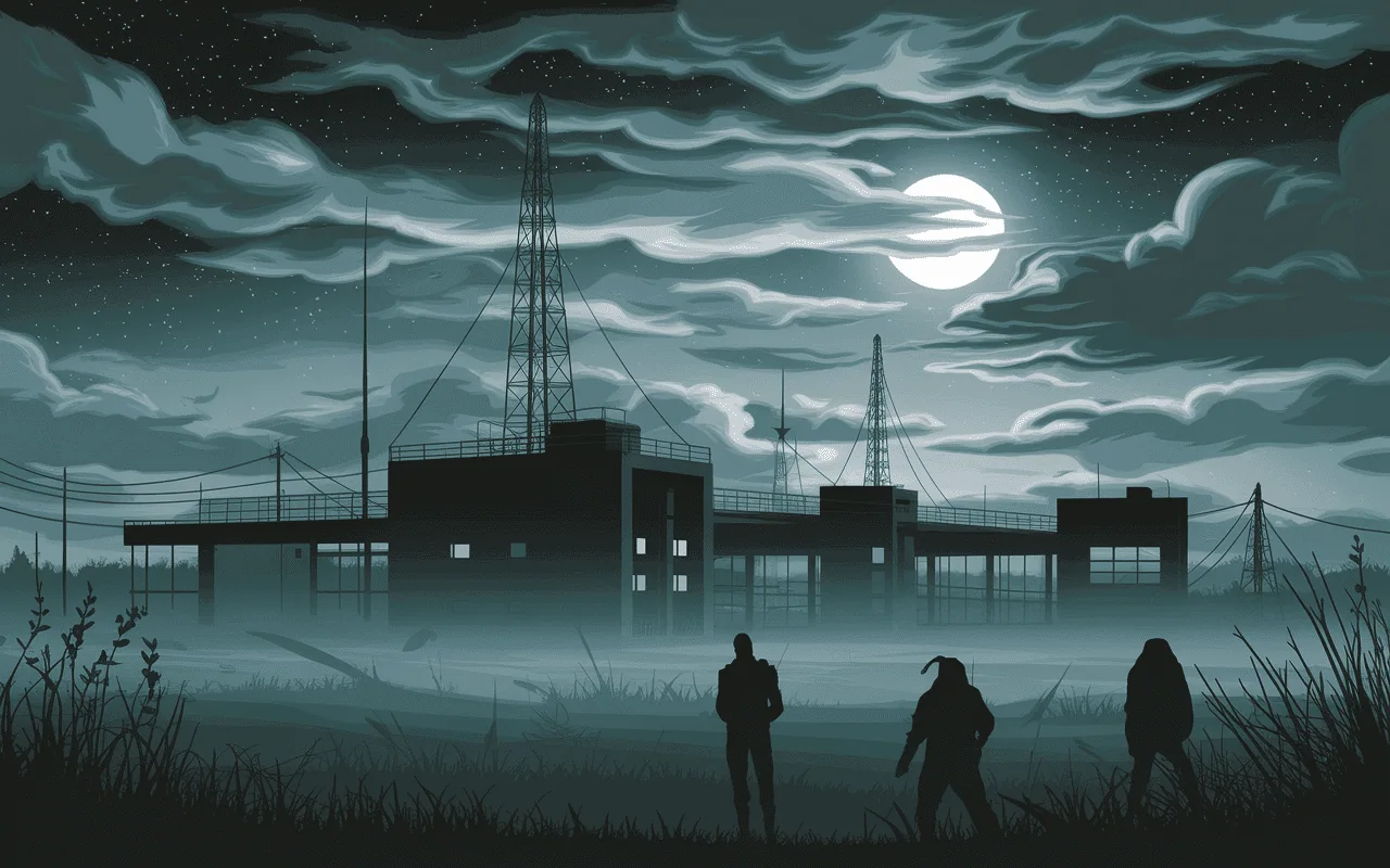 Base militaire Montauk dans le brouillard nocturne