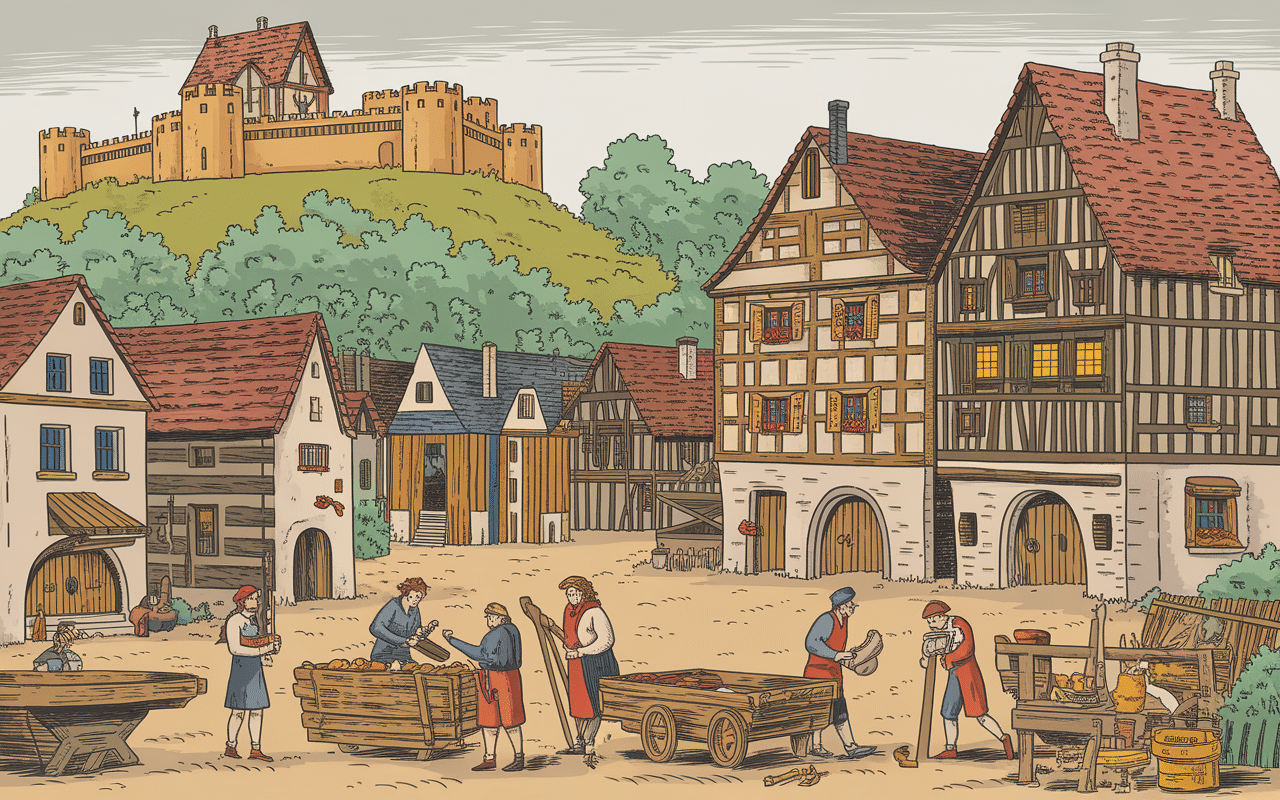 Développement historique ville médiévale avec château et artisans