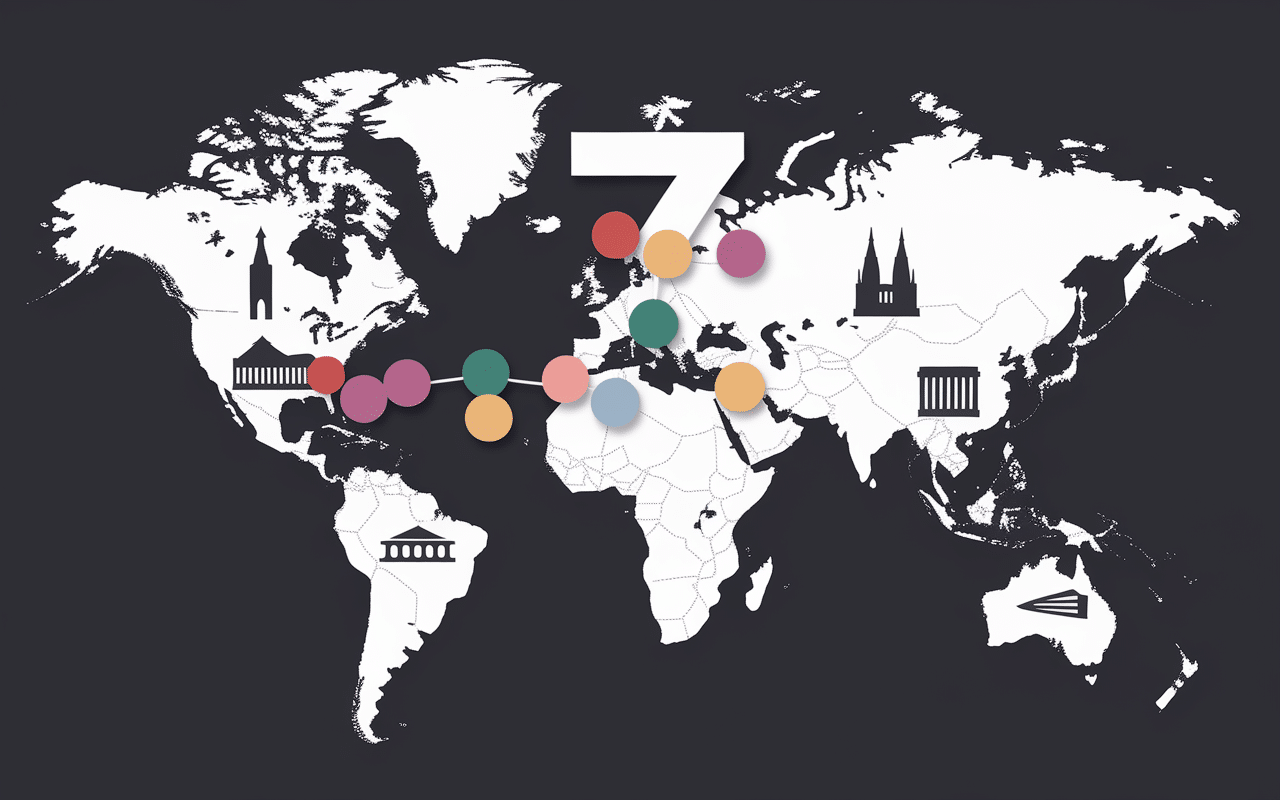 Planisphère avec points des pays par G et chiffre 7