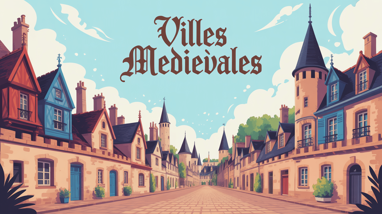Illustration panoramique ville médiévale avec remparts et maisons