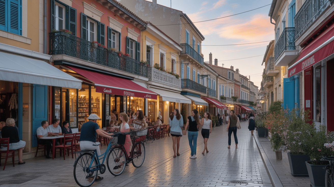 Scène de rue piétonne à Kehl avec familles et boutiques