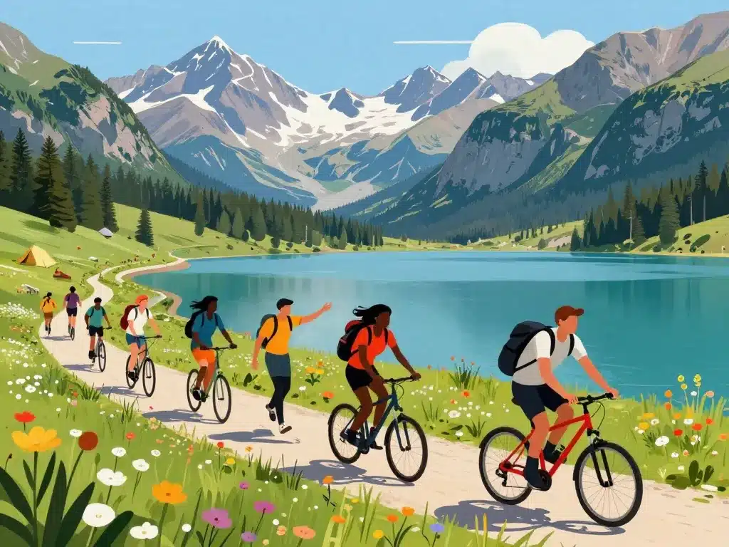 Randonneurs et cyclistes près du barrage de Roselend