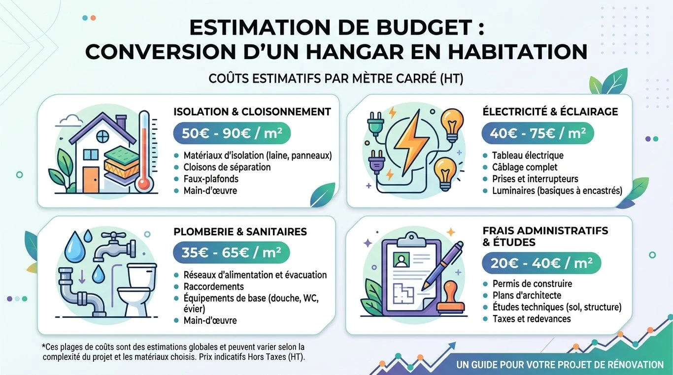 Infographie récapitulative des coûts de transformation d'un hangar en maison