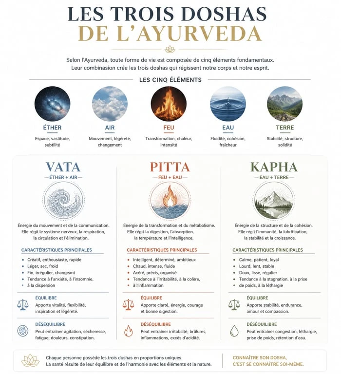 Infographie explicative des trois doshas Vata, Pitta et Kapha en Ayurveda