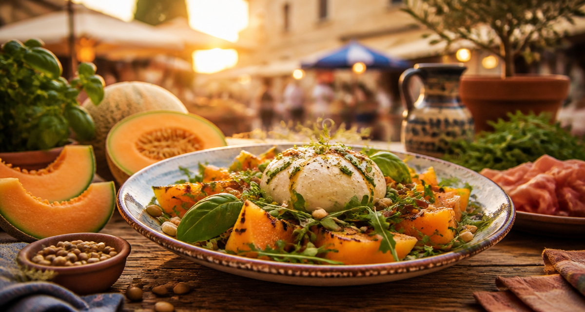 recette melon salade grillé burrata pignons