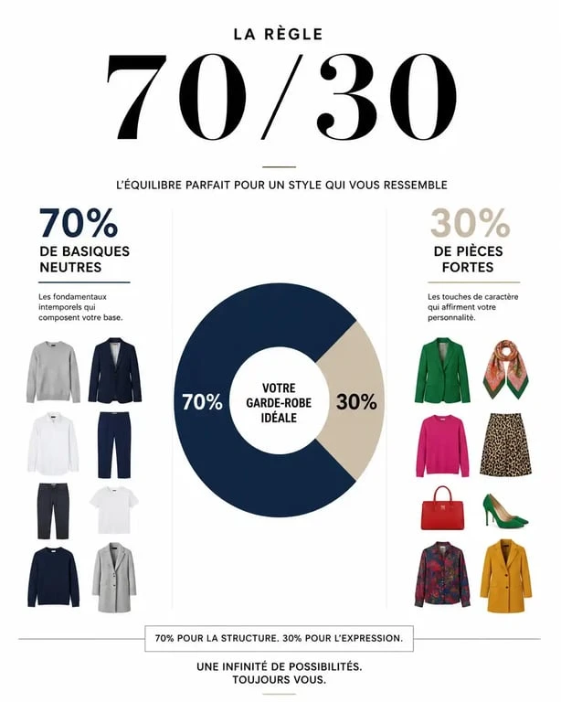 Infographie illustrant la règle 70/30 pour être bien habillé