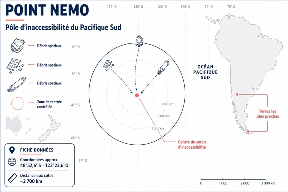 Infographie illustrant la localisation du Point Nemo dans l'océan Pacifique et son rôle de cimetière spatial