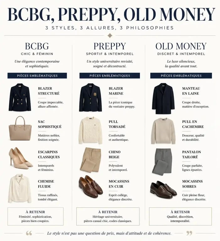 Infographie comparative des styles vestimentaires : BCBG homme, Preppy et Old Money pour bien comprendre les codes du style bcbg homme.