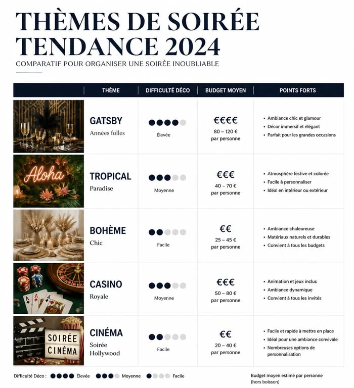 Tableau comparatif des thèmes de soirée tendance 2024 pour organiser un événement mémorable