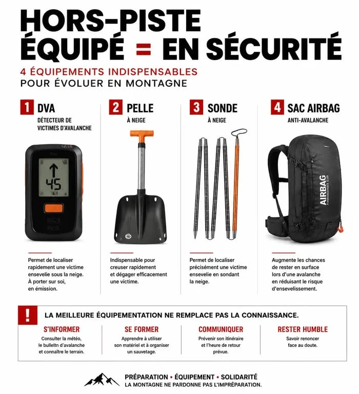 Infographie sur l'équipement de sécurité pour une aventure ski hors-piste : DVA, pelle, sonde et sac airbag.