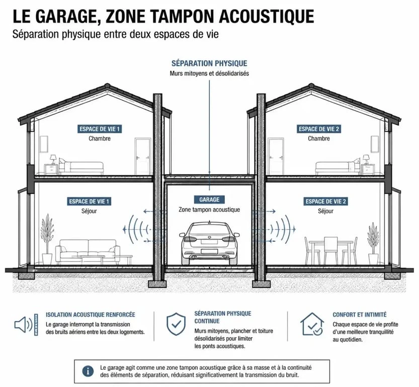 Schéma explicatif d'une maison mitoyenne par le garage servant de bouclier acoustique