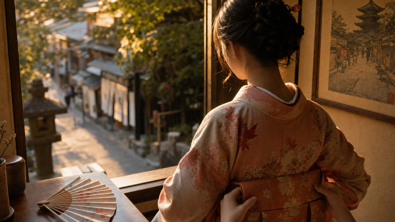 Femme japonaise en kimono à Kyoto, lumière dorée