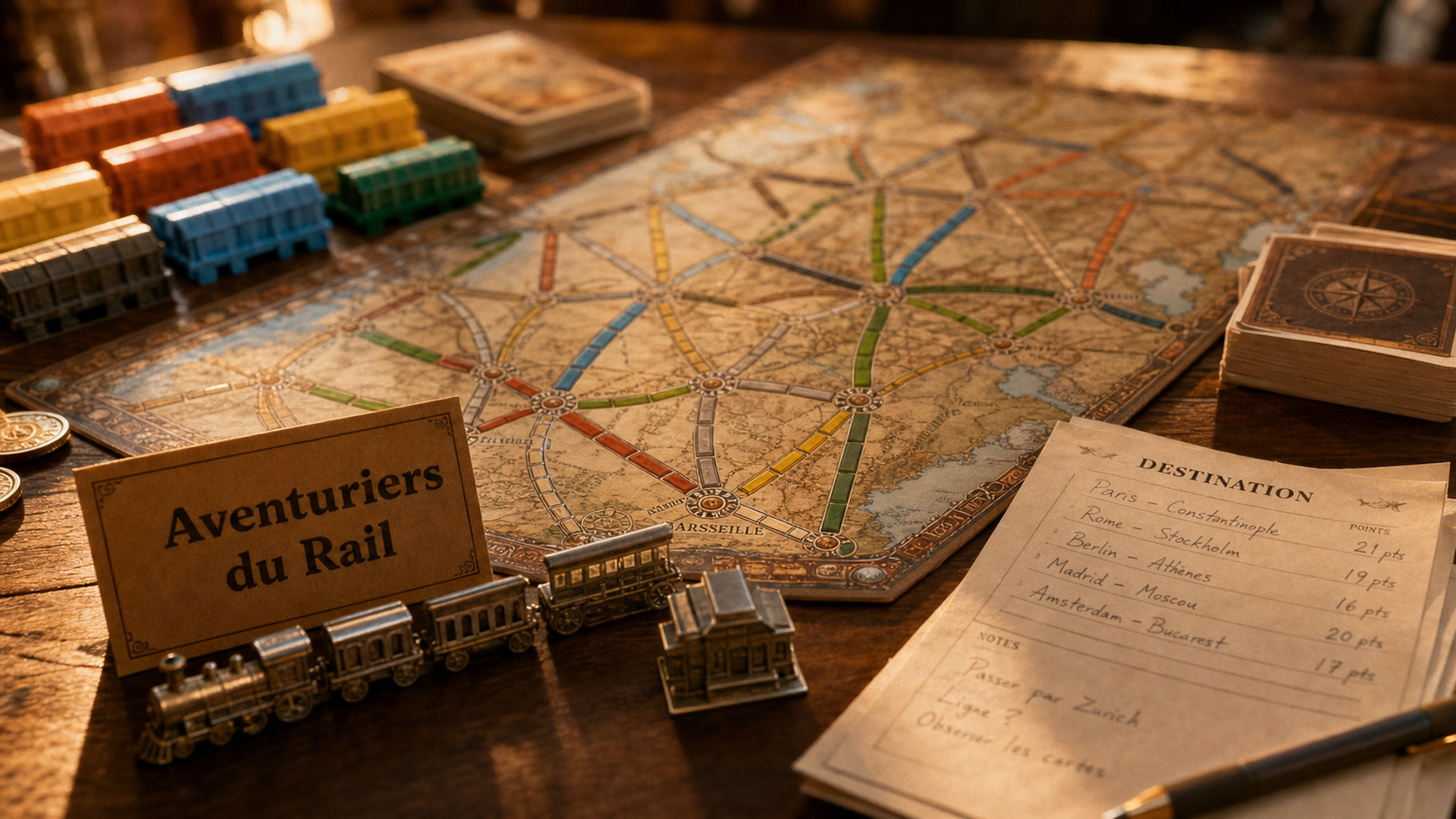 Les aventuriers du rail, trains miniatures et jetons sur table de jeu