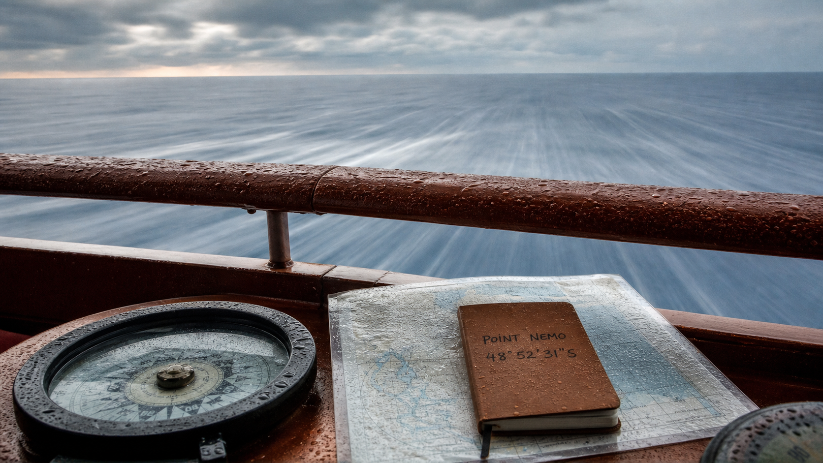 Point Nemo : horizon vide au Pacifique Sud, mer et rambarde