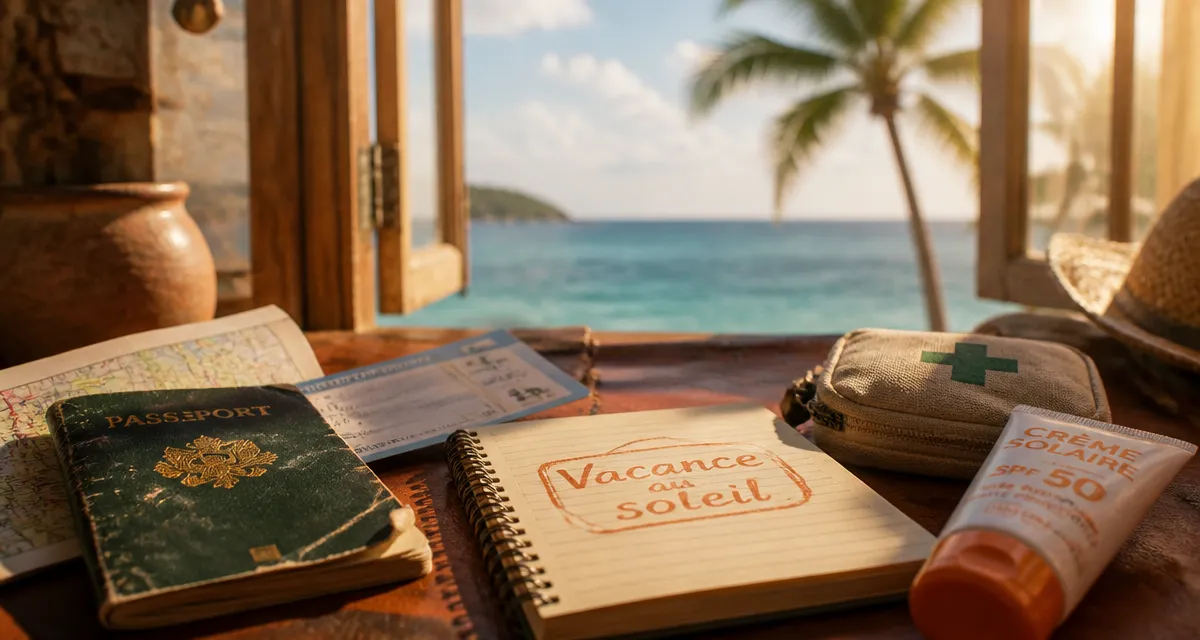 Vacance au soleil : passeport, billet et crème solaire au bord de la mer