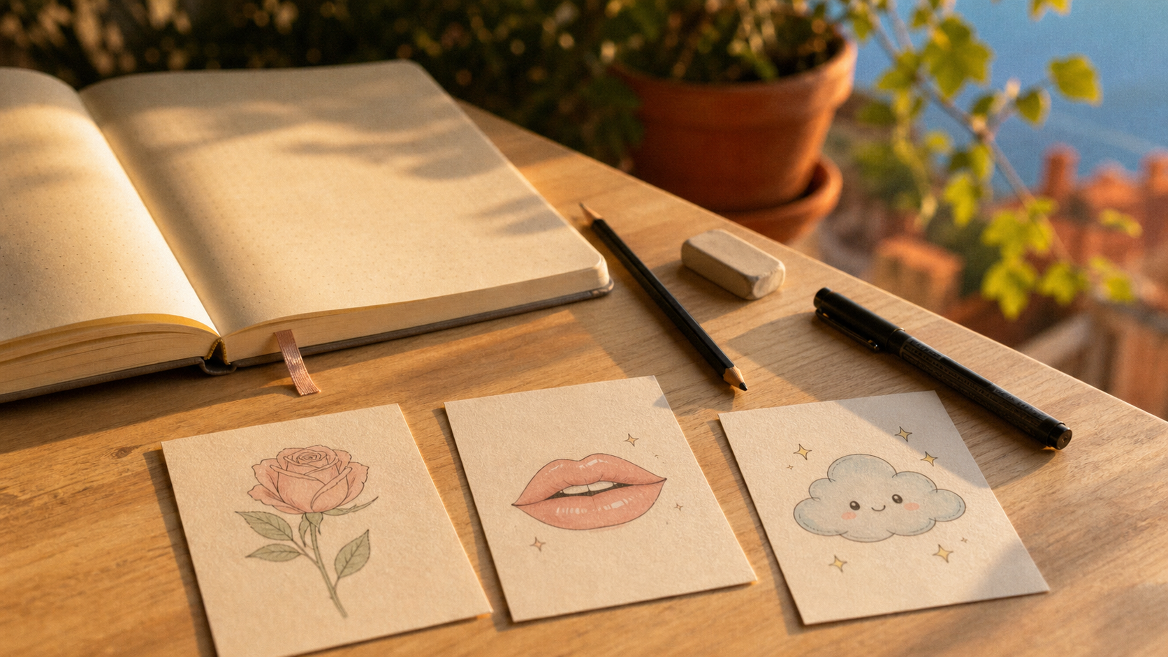 Dessin aesthetic facile au pastel : mini rose, bouche glossy et nuage kawaii